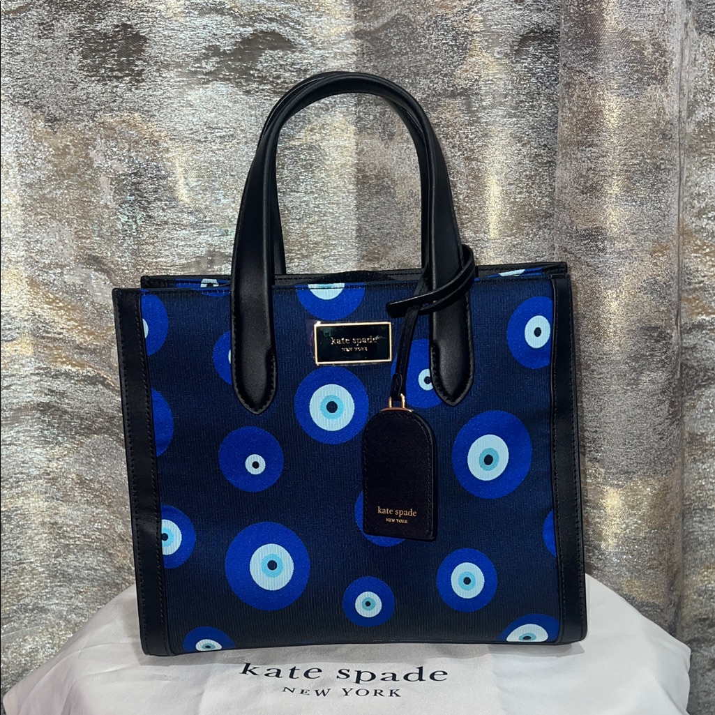 New Kate Spade Manhattan Good Luck Navy Blue Evil Eye Print Tote With Black Trim